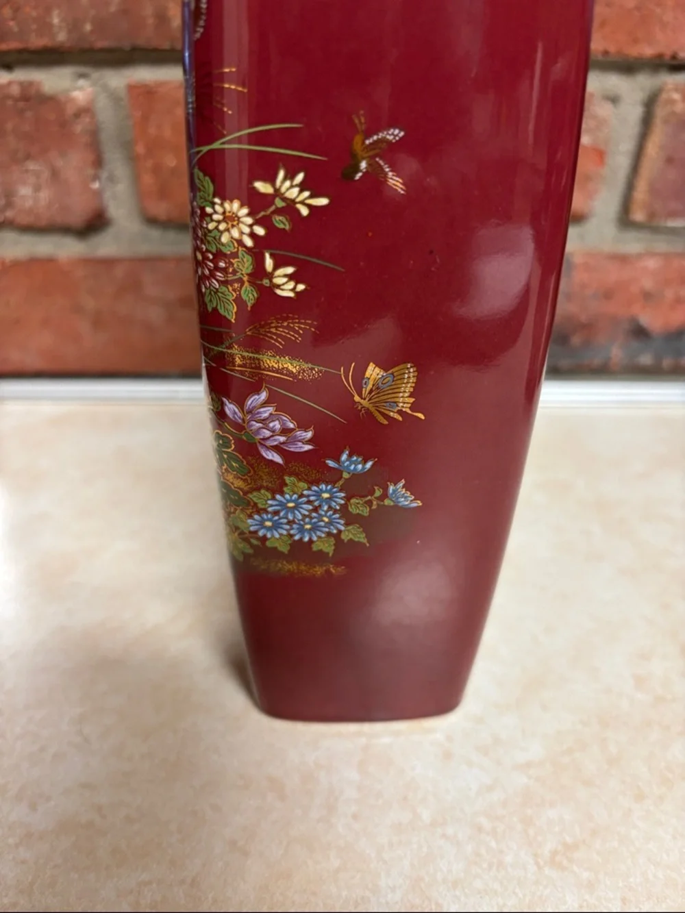 Made In Japan MCI Gilded Vase Burgundy With  Flowers/Birds/Butterflies